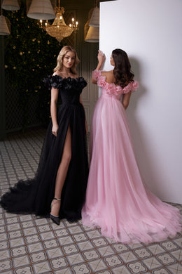 3D Flowers Decorated Party Dress with Slit Skirt