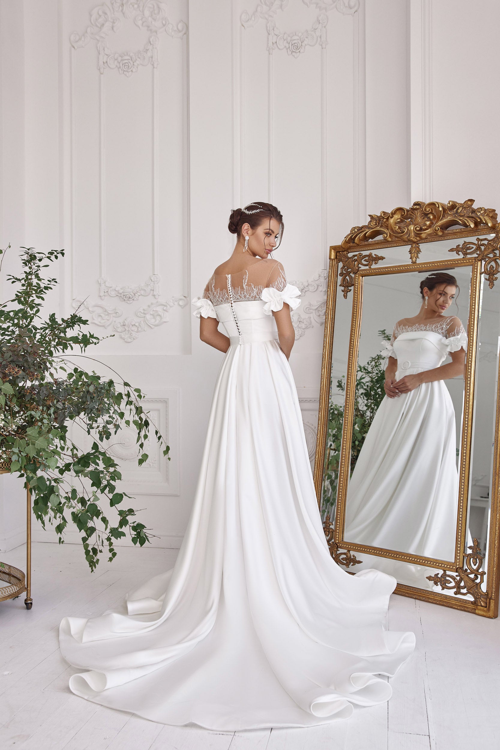A-Line Wedding Dress with Illusion Neckline and Ruffle Sleeves