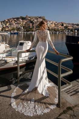 Long-Sleeved Mermaid Dress with Crepe Fabric, Nude Tulle, Embroidered Guipure, Beads, Sequins, and Crystal Buttons