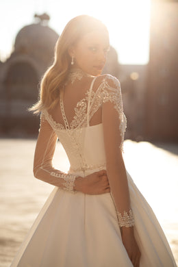 Elegant A-Line Bridal Gown with Straps, Detachable Decorated Cape and Court Train