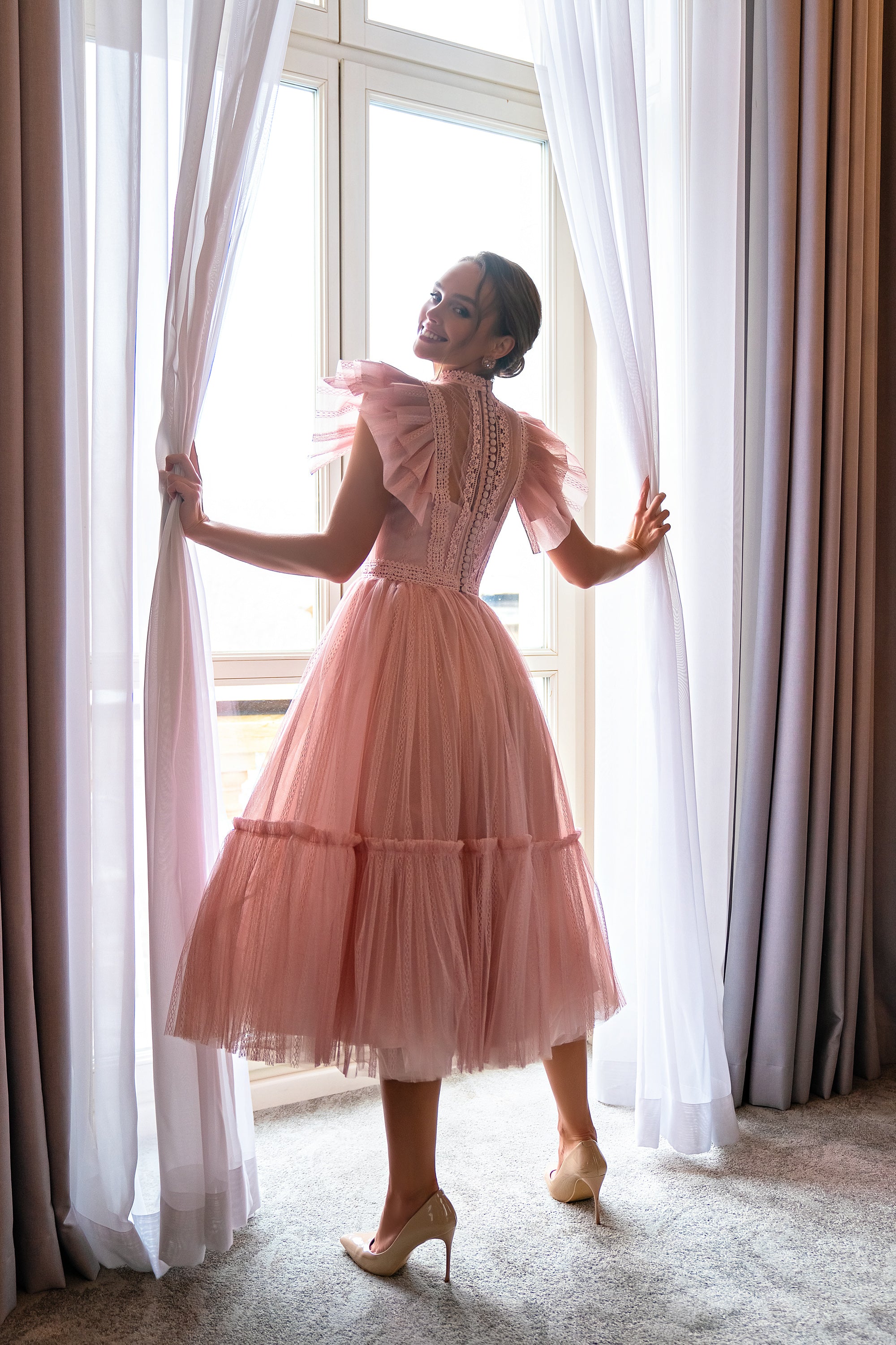 Midi Length Cocktail Dress with Stand-Up Collar, Interesting Shoulders, and Boho-Style Lace - Original Design