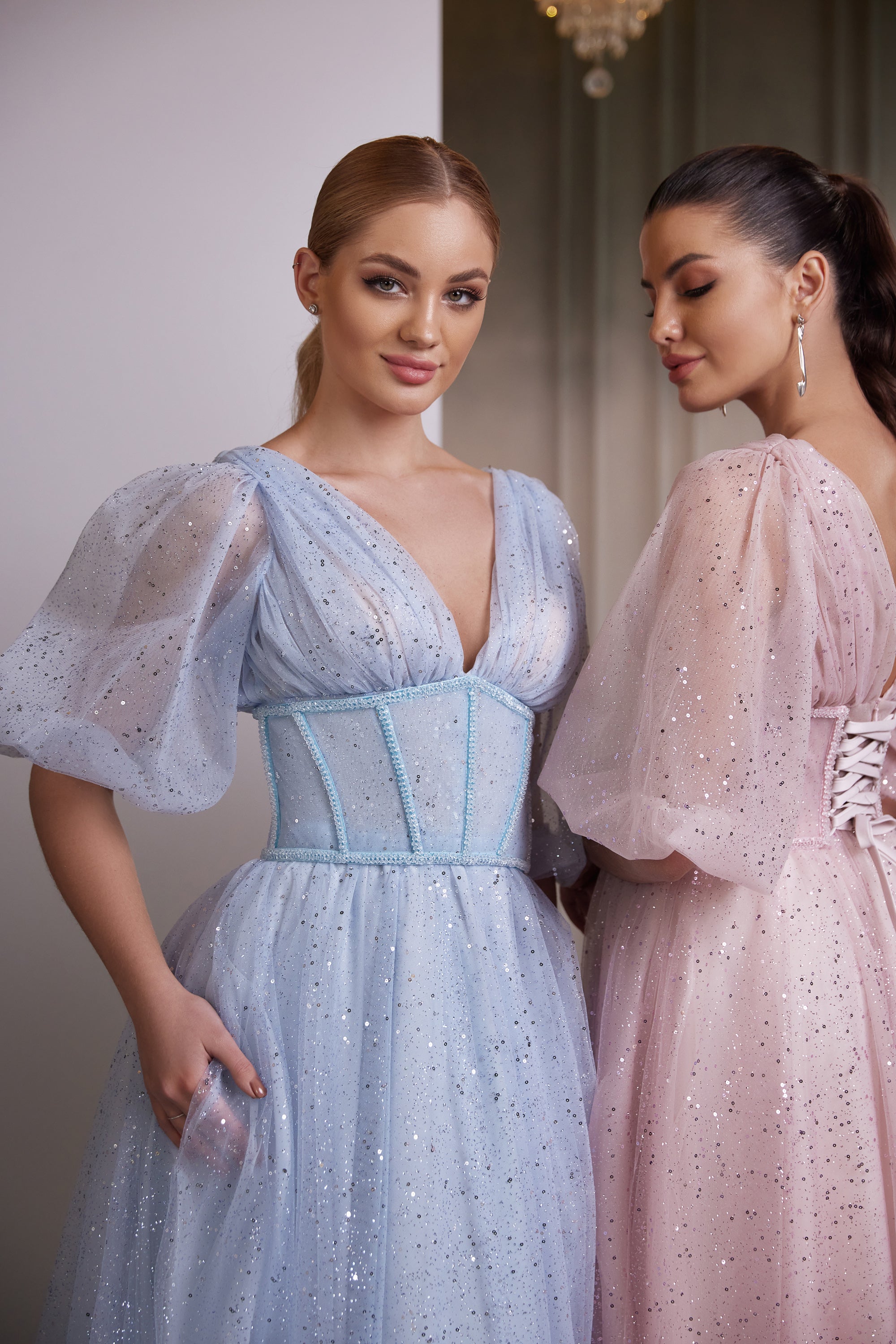 Women's Tulle Dress with Sequins Decoration and Lacing Back