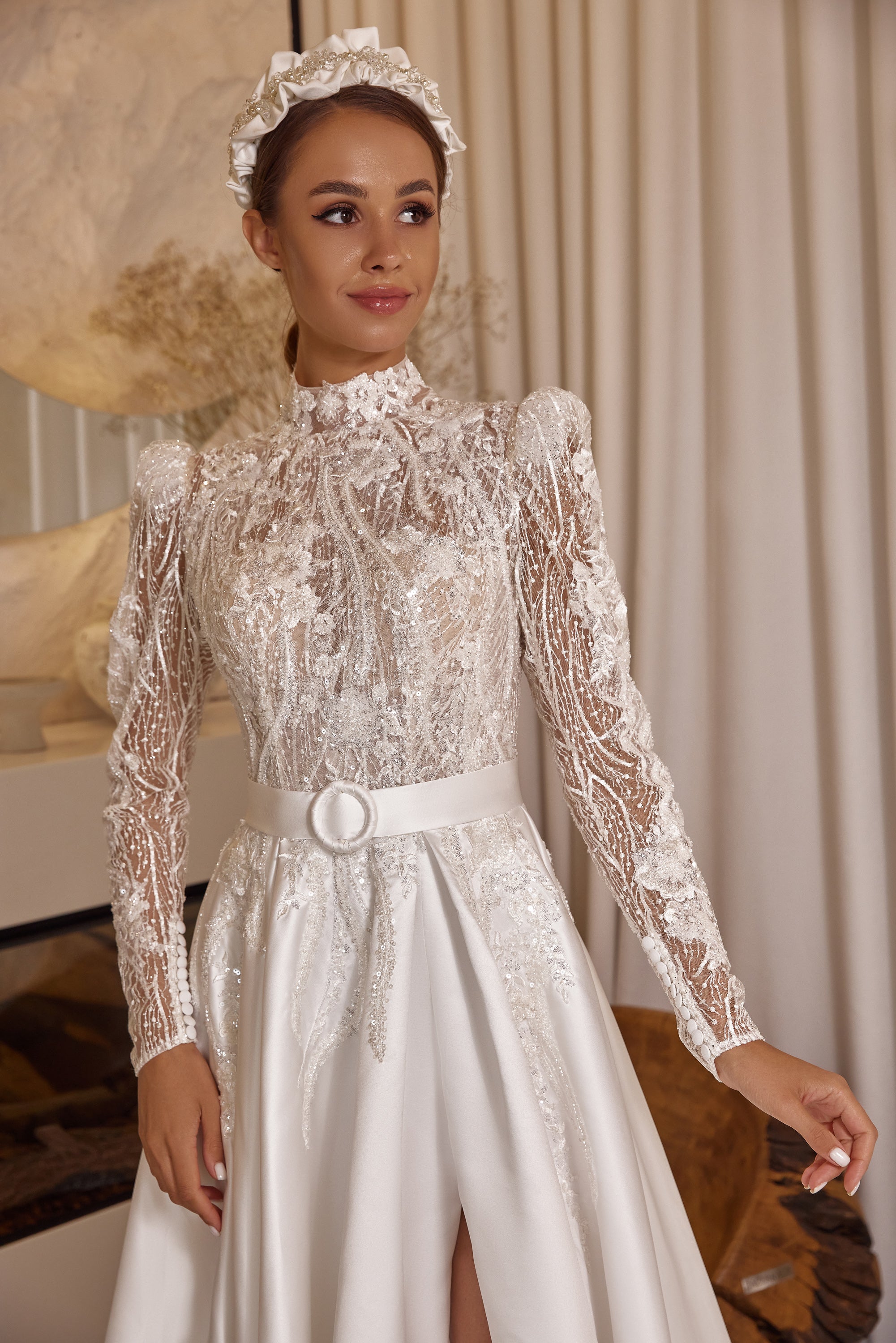 Ball Gown Wedding Dress with Lace Appliqués and Beading, High Neck Long Sleeve Lace Bodice, Satin Skirt, Cathedral Train