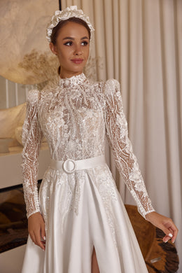 Ball Gown Wedding Dress with Lace Appliqués and Beading, High Neck Long Sleeve Lace Bodice, Satin Skirt, Cathedral Train