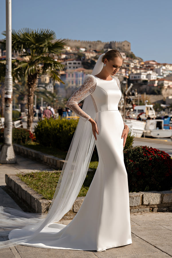 Mermaid Wedding Dress with Voluminous Buttoned Sleeves and Translucent Back - Double Soft Satin with Embroidered Guipure, Beads and Sequins, Handmade Belt with Beads and Sequins at Waist