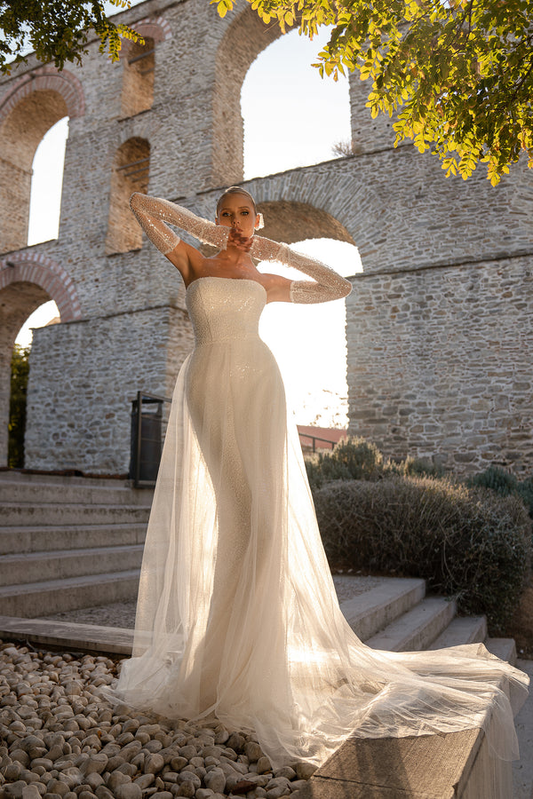 Luxurious Sparkling Wedding Dress with Beads and Sequins in Mermaid Style - Off-the-Shoulder Detachable Sleeves and Tulle Skirt