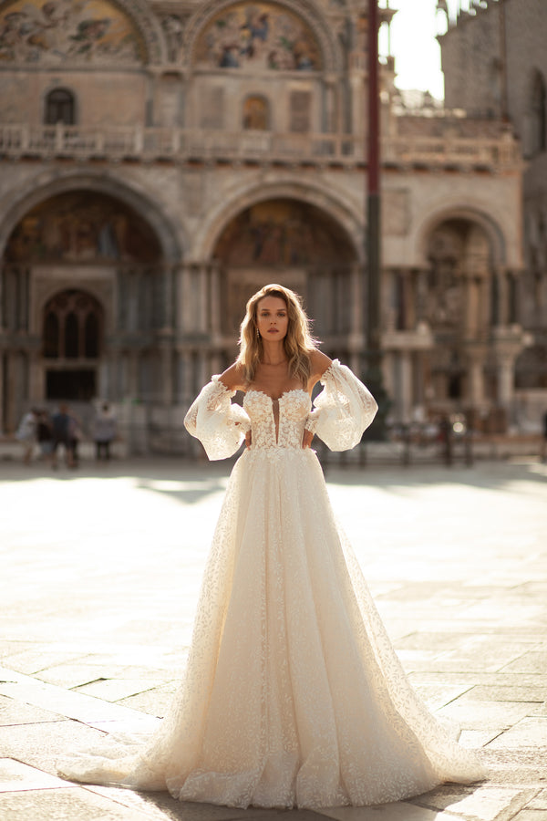 Elegant Lace Wedding Dress with Deep V-Neck, Lacing Back, Detachable Long Sleeves