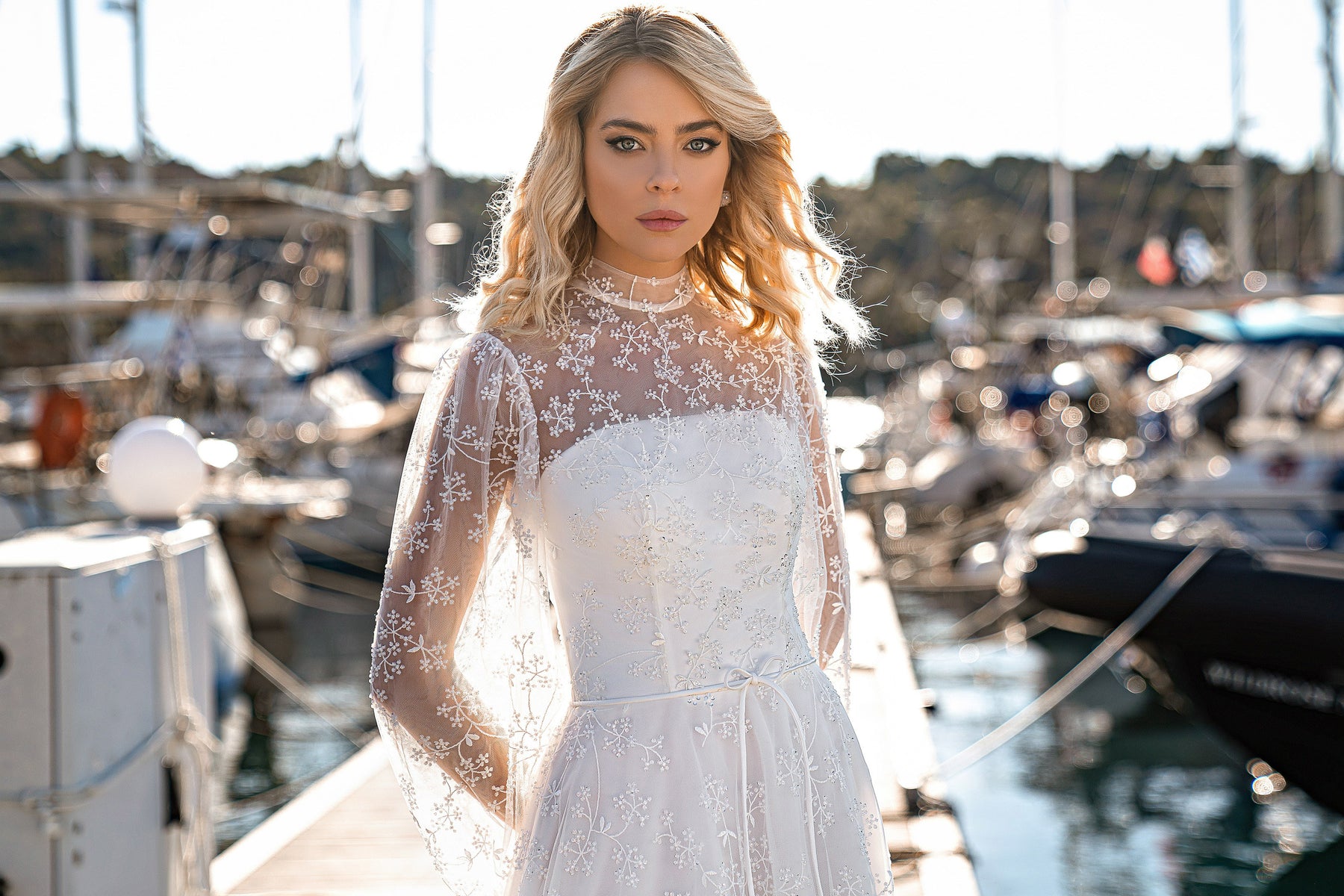 A-Line Wedding Dress with High Neck Embroidery