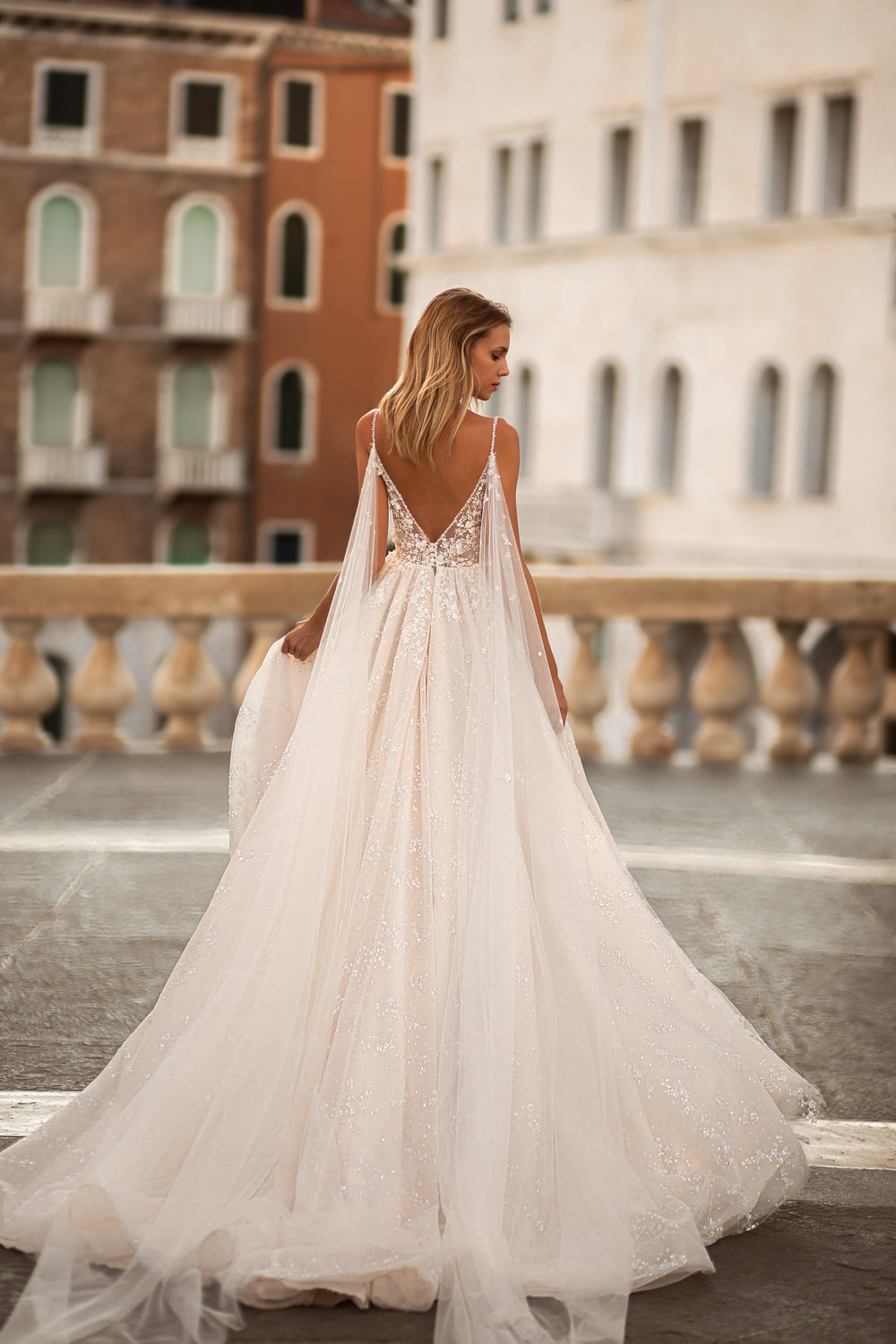 Women's A-Line Wedding Dress with Slit, Spaghetti Straps, V-Neck and Long Wings