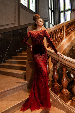 Burgundy evening dress with long sleeves, boat neckline, fitted mermaid silhouette, and floral detailing