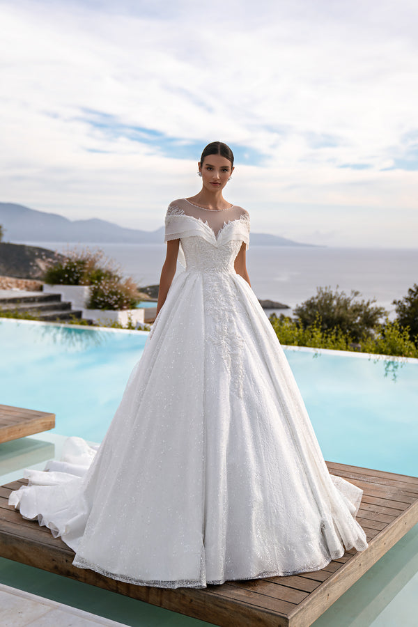 Luxurious Lace Princess Wedding Dress with Detachable Collar, Embroidered Guipure, Beads, Pearls and Crystal, and Fluffy Skirt with Train