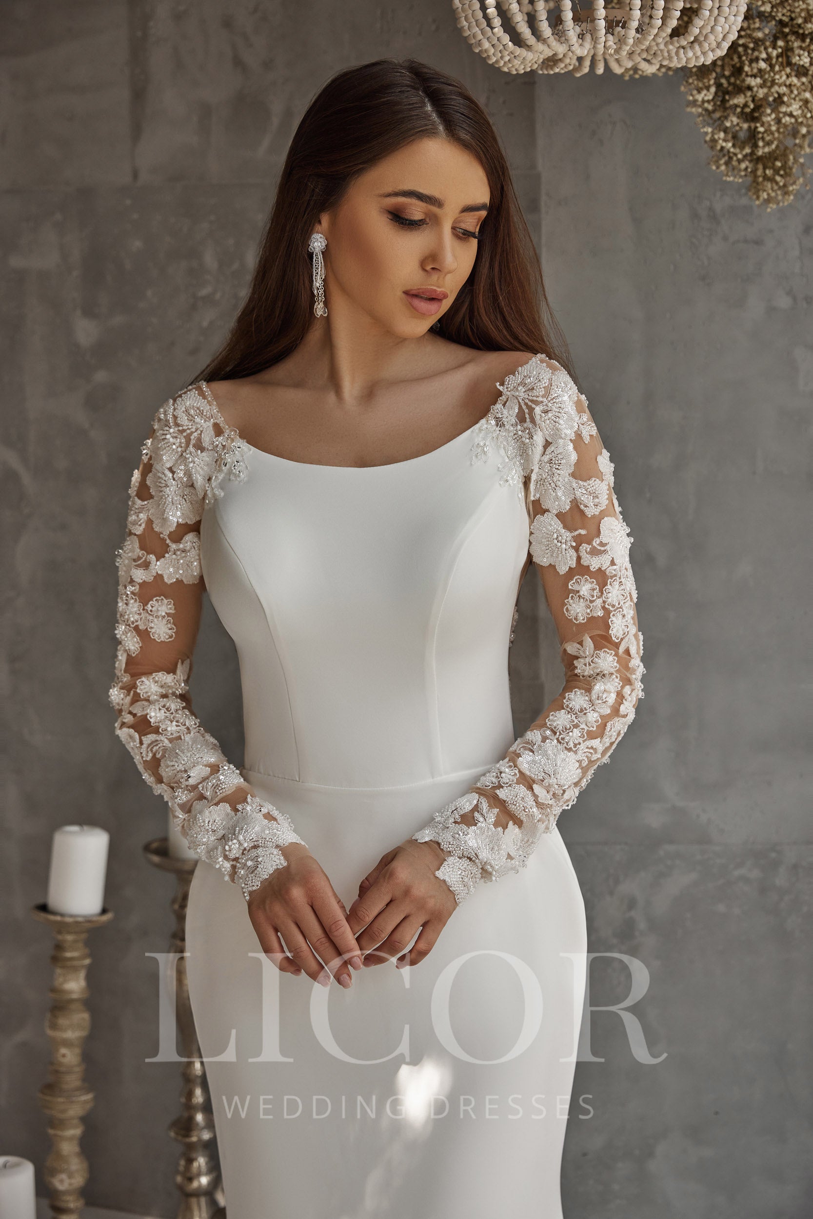 Fitted Satin Wedding Dress with Lace Appliqués, Long Illusion Lace Sleeves, Modern Romantic Bridal Gown