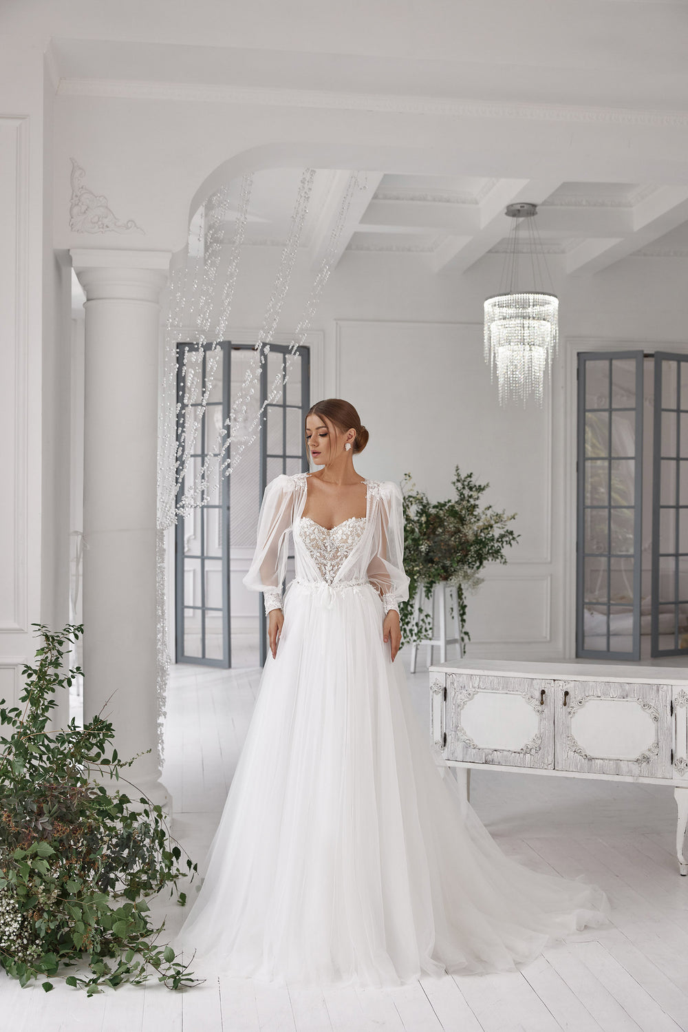 A-Line Sweetheart Wedding Dress With Tulle Lace Appliqués, Detachable Cape, Lacing Back, Lace Train
