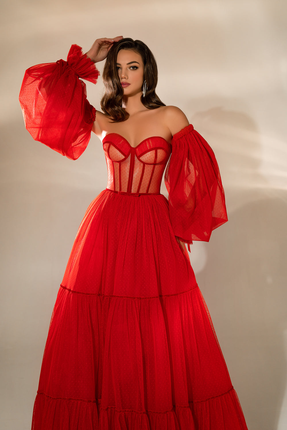Ball Gown Evening Dress with Detachable Puff Sleeves