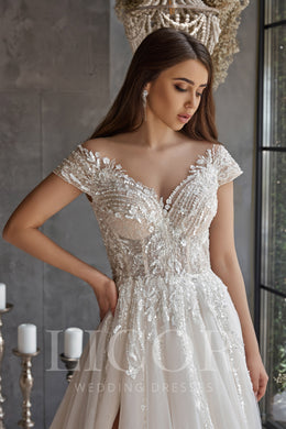 A-Line Wedding Dress With Lace Appliqués And Beading On Tulle, Illusion Off-The-Shoulder Neckline, Cathedral Train, Romantic Luxury