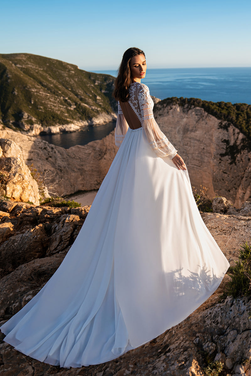 A-Line Wedding Dress with Floral Lace Bodice and Bishop Sleeves