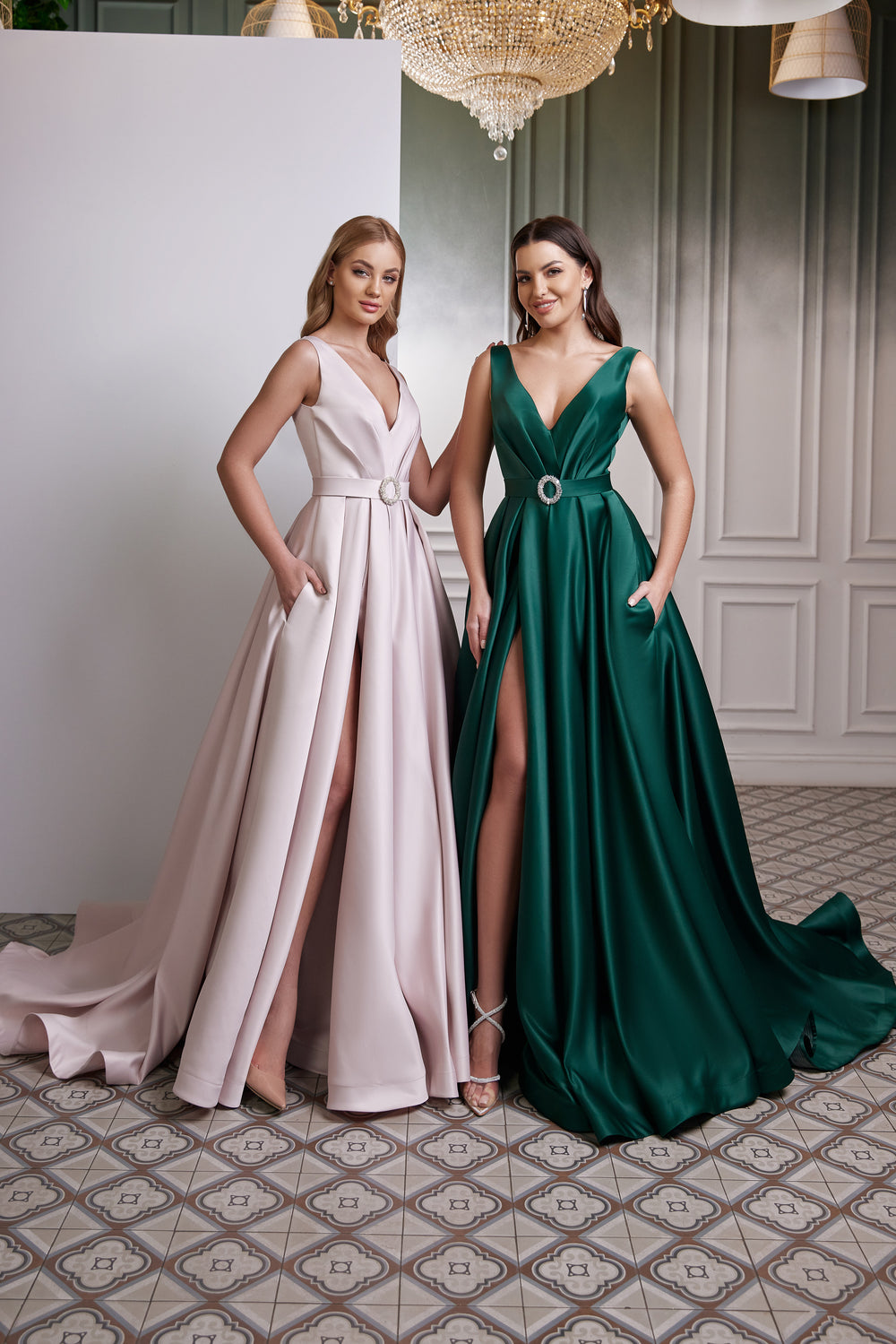 Satin Evening Dress with V-Neck, Slit Skirt and Belt