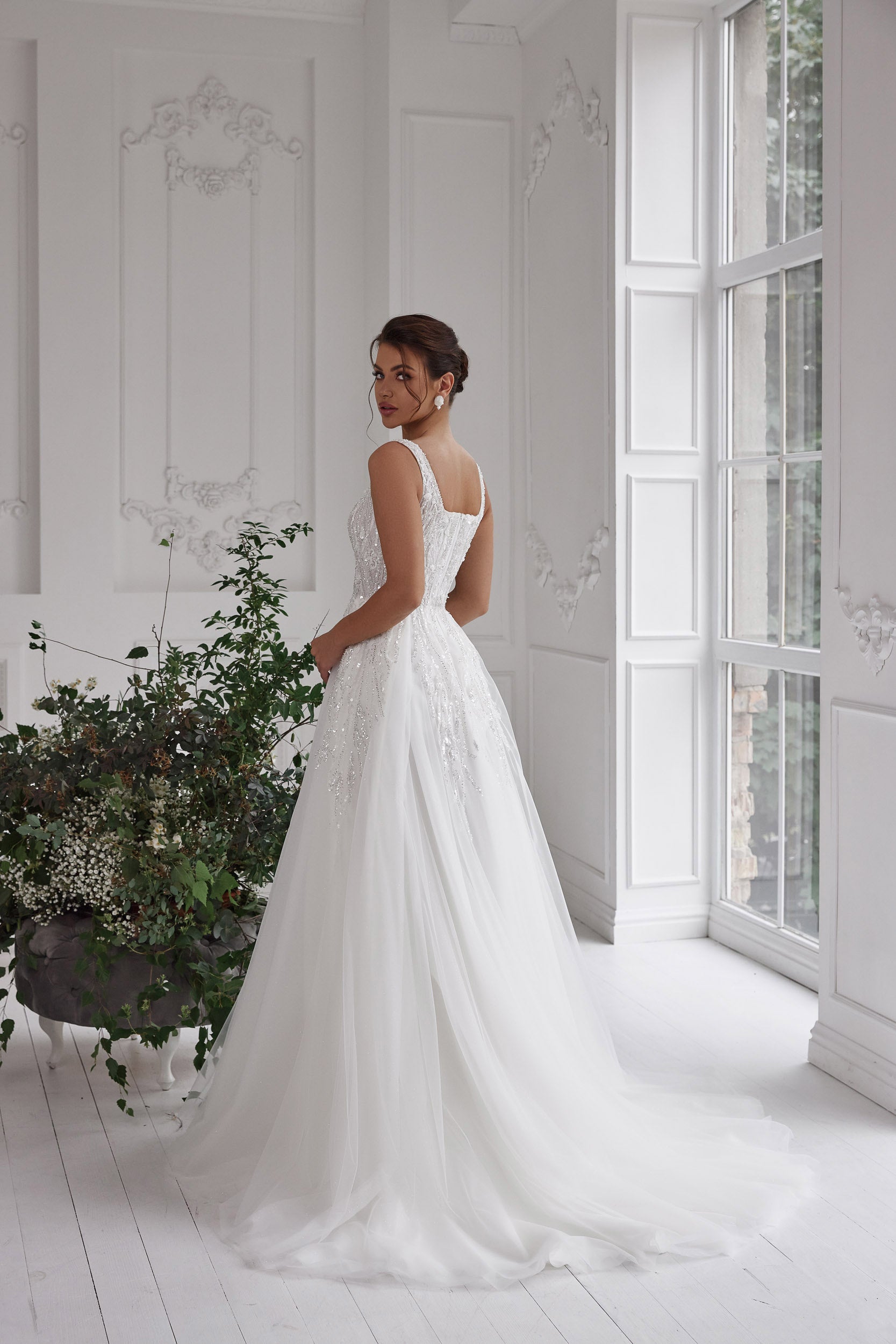 Sparkly A-Line Wedding Dress with Square Neckline