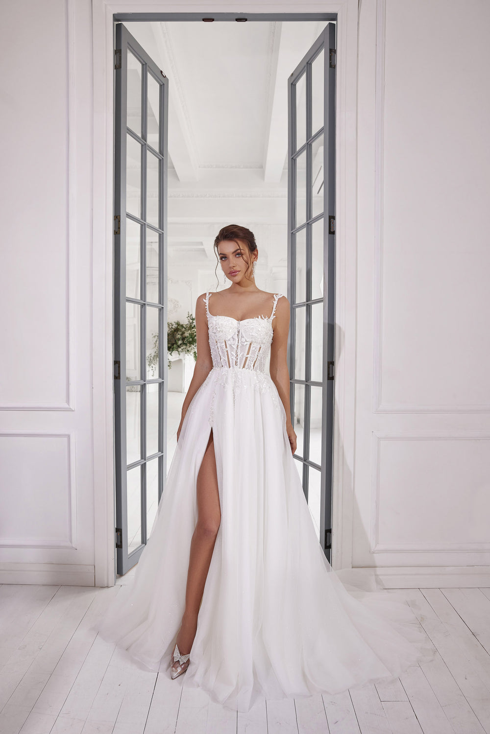 A-Line Wedding Dress with Beaded Corset and High Slit