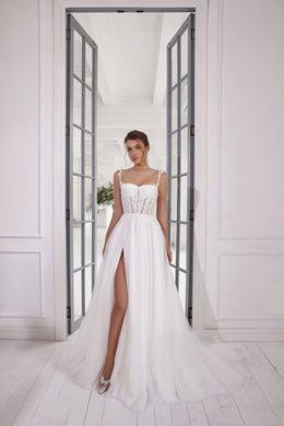 A-Line Wedding Dress with Beaded Corset and High Slit