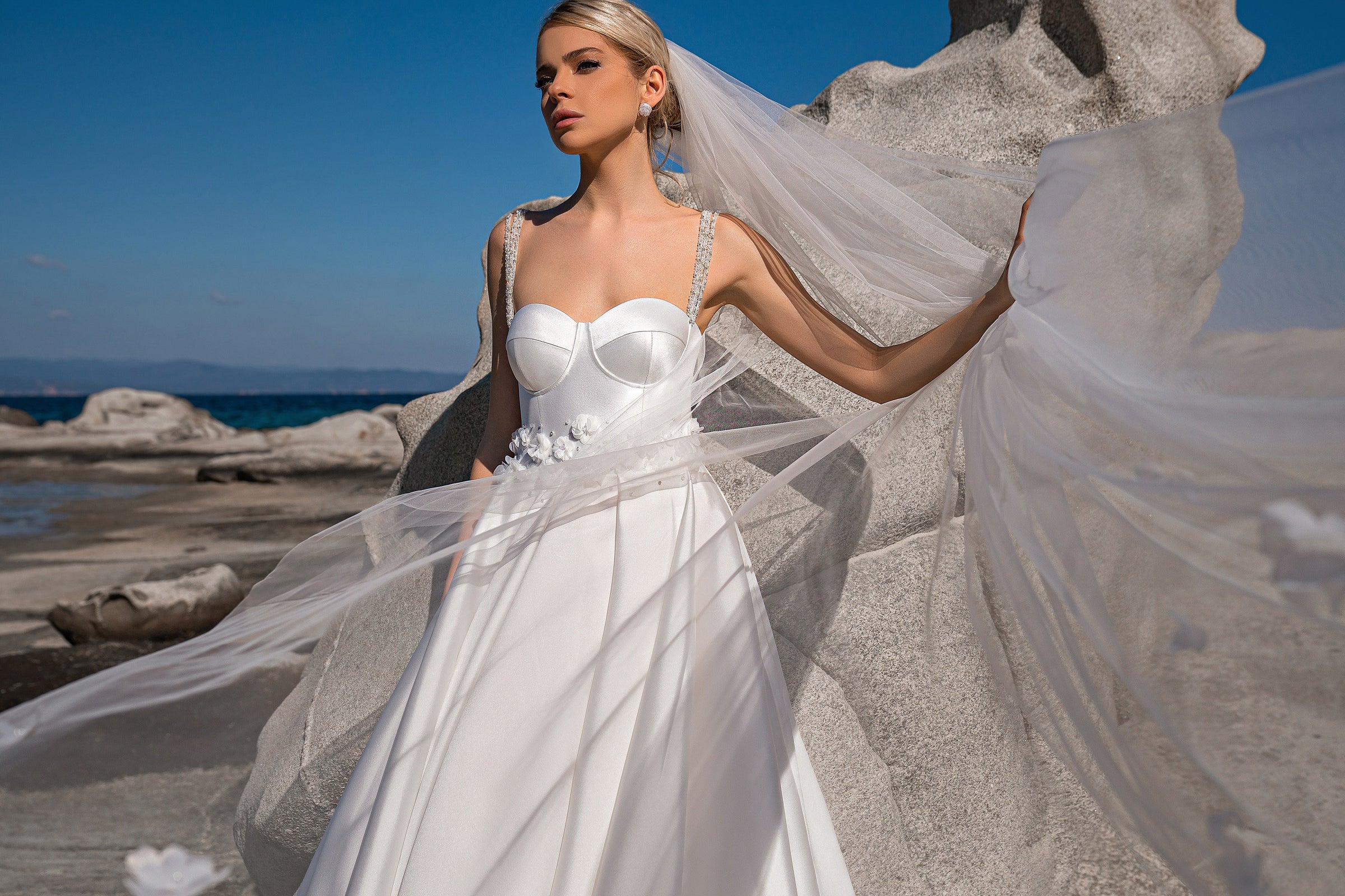 A-Line Satin Wedding Dress with Beaded Straps and Floral Waist
