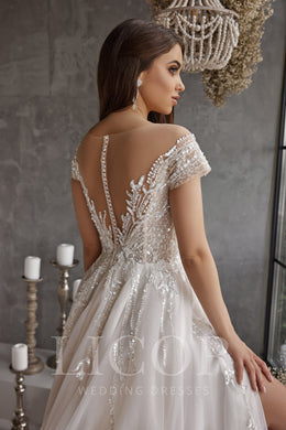 A-Line Wedding Dress With Lace Appliqués And Beading On Tulle, Illusion Off-The-Shoulder Neckline, Cathedral Train, Romantic Luxury