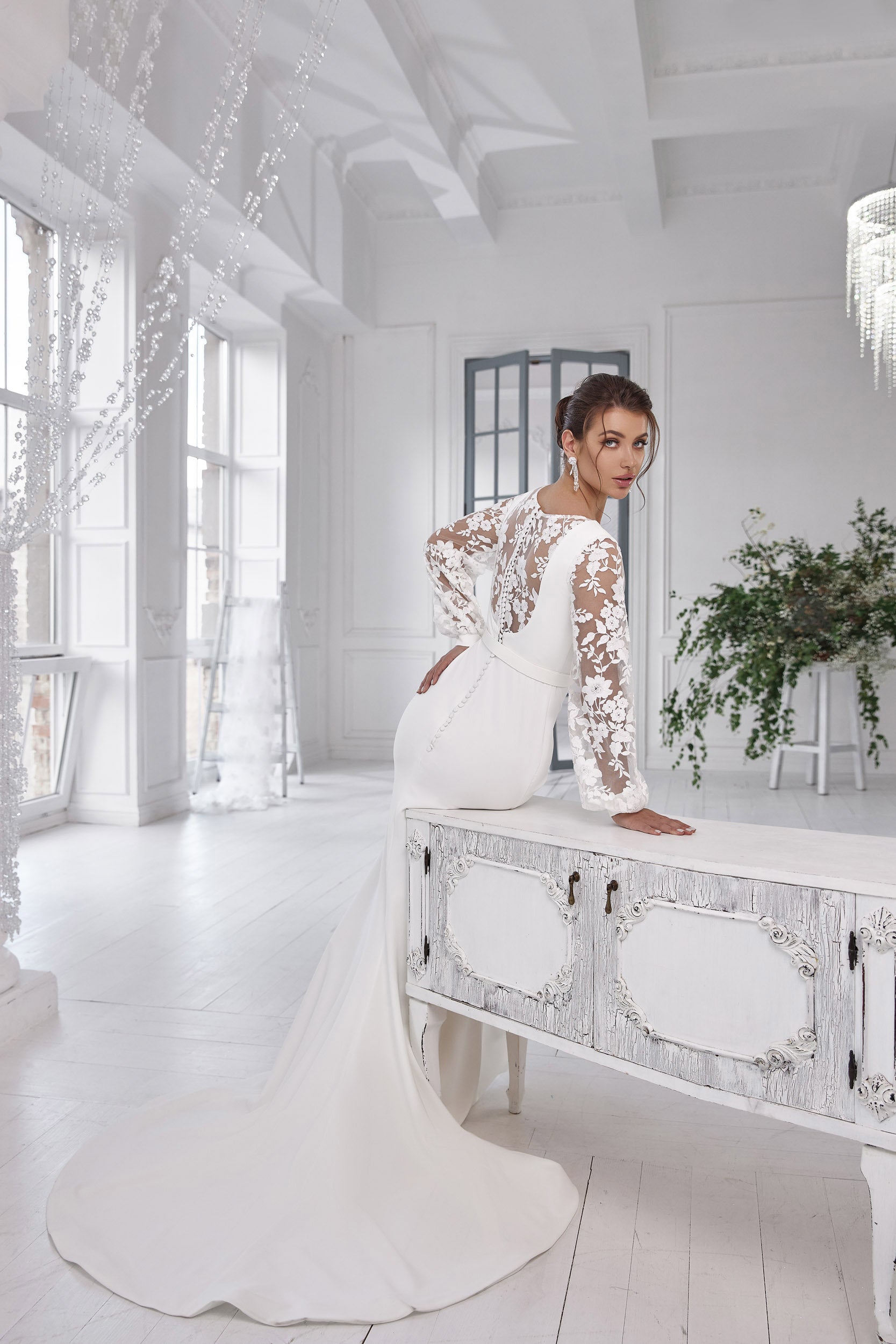 Sheath Wedding Dress with Long Lace Sleeves and Illusion V-Back