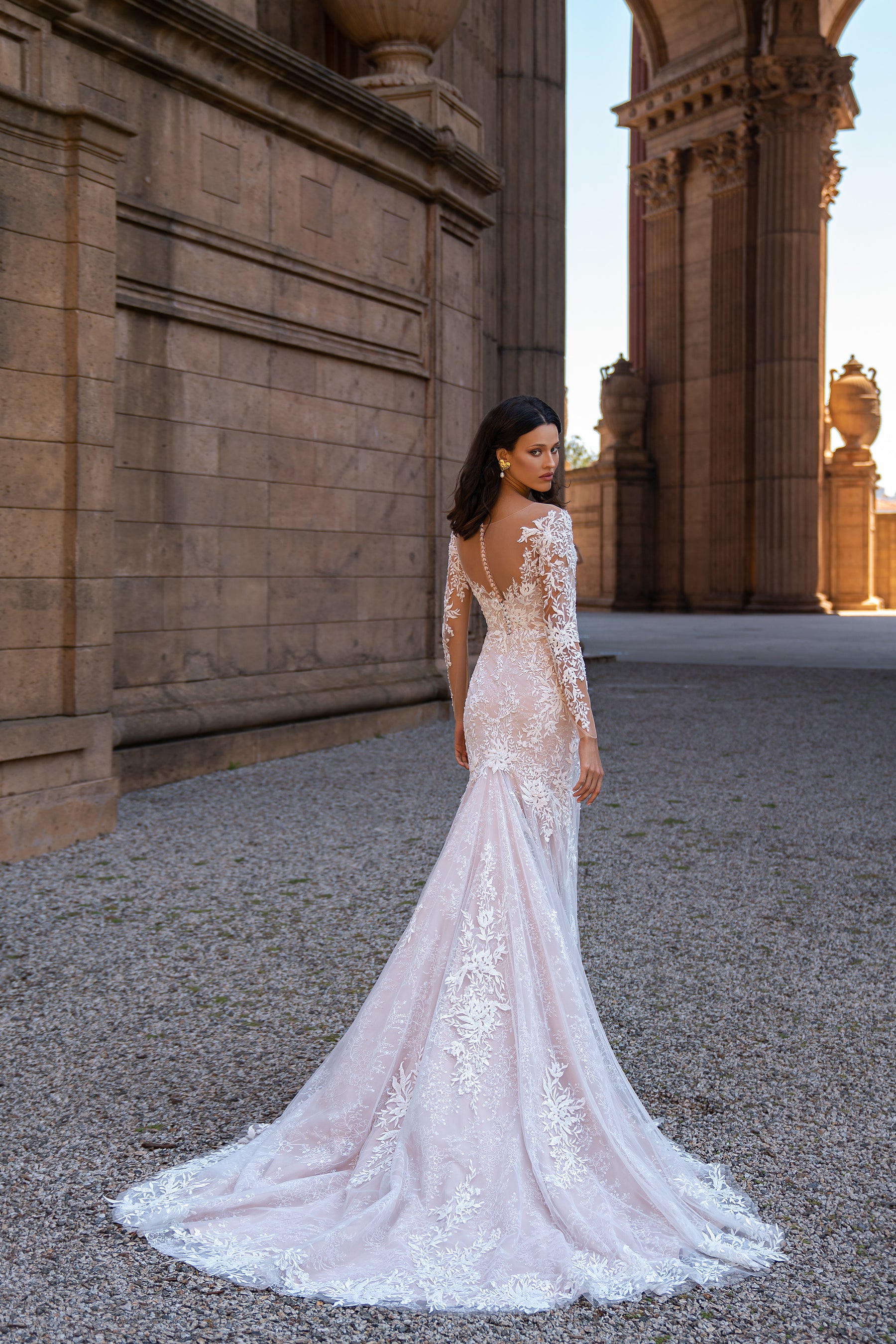 Sheath Wedding Dress with Long Lace Sleeves and Chapel Train