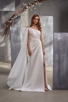 Satin Sheath Wedding Dress with One-Shoulder Cape