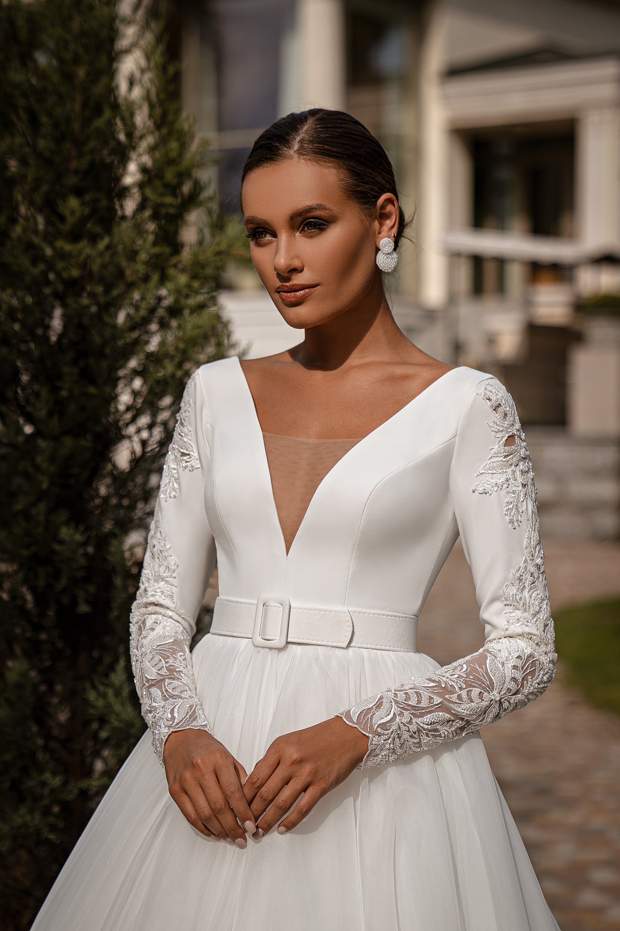 A-Line Wedding Dress with Plunging V-Neck and Beaded Lace Sleeves