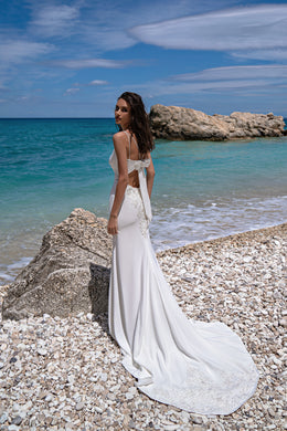 Elegant Mermaid Wedding Dress with Luxurious Train - Stretch Crepe Fabric with Unique Cut & Ray-Shaped Drapery - Adorned with Guipure Embroidered with Beads, Pearls, Crystals & Sequins