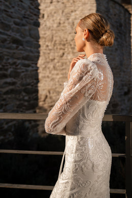 Guipure Wedding Dress with Beads & Sequins, Voluminous Long Sleeves & Train