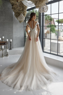 Romantic A-Line Wedding Dress With Lace Appliqués And Beading On Bodice, Off-The-Shoulder Neckline, Tulle Skirt And Cathedral Train