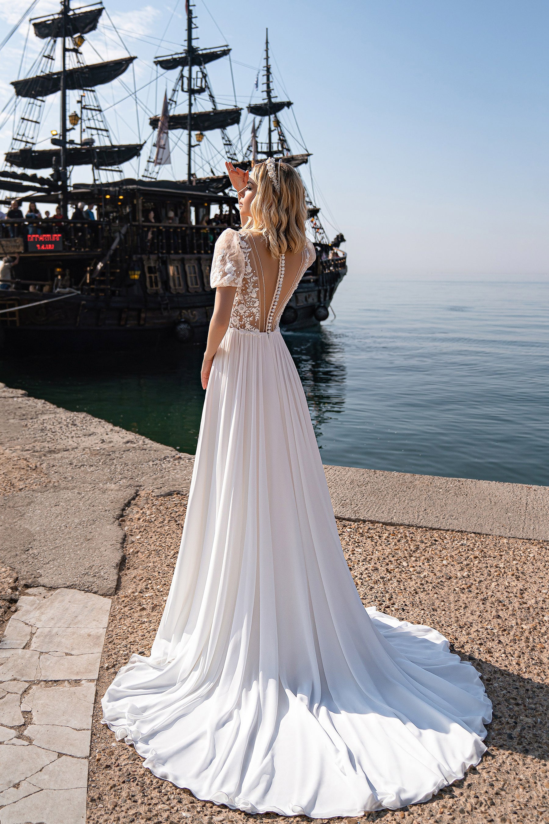 A-Line Chiffon Wedding Dress with Lace Bodice and Slit