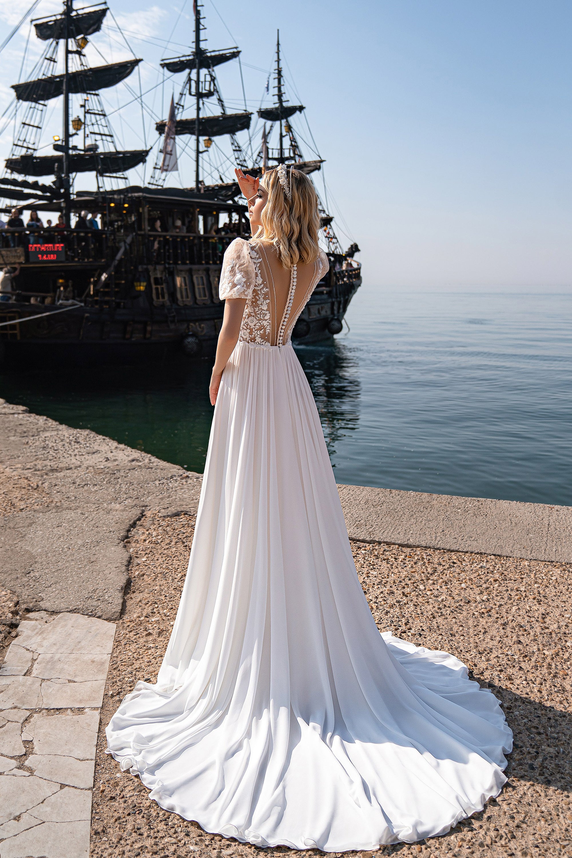 A-Line Chiffon Wedding Dress with Lace Bodice and Slit