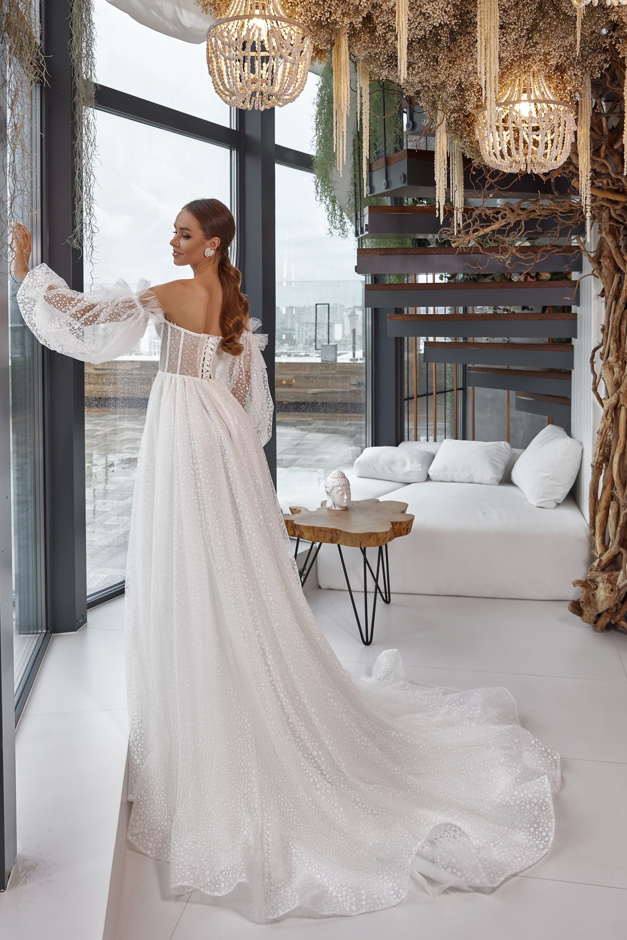 Exquisite A-Line Off-the-Shoulder Wedding Dress With Long Sleeves, Tulle With Lace Appliqués Embroidery, Cathedral Train