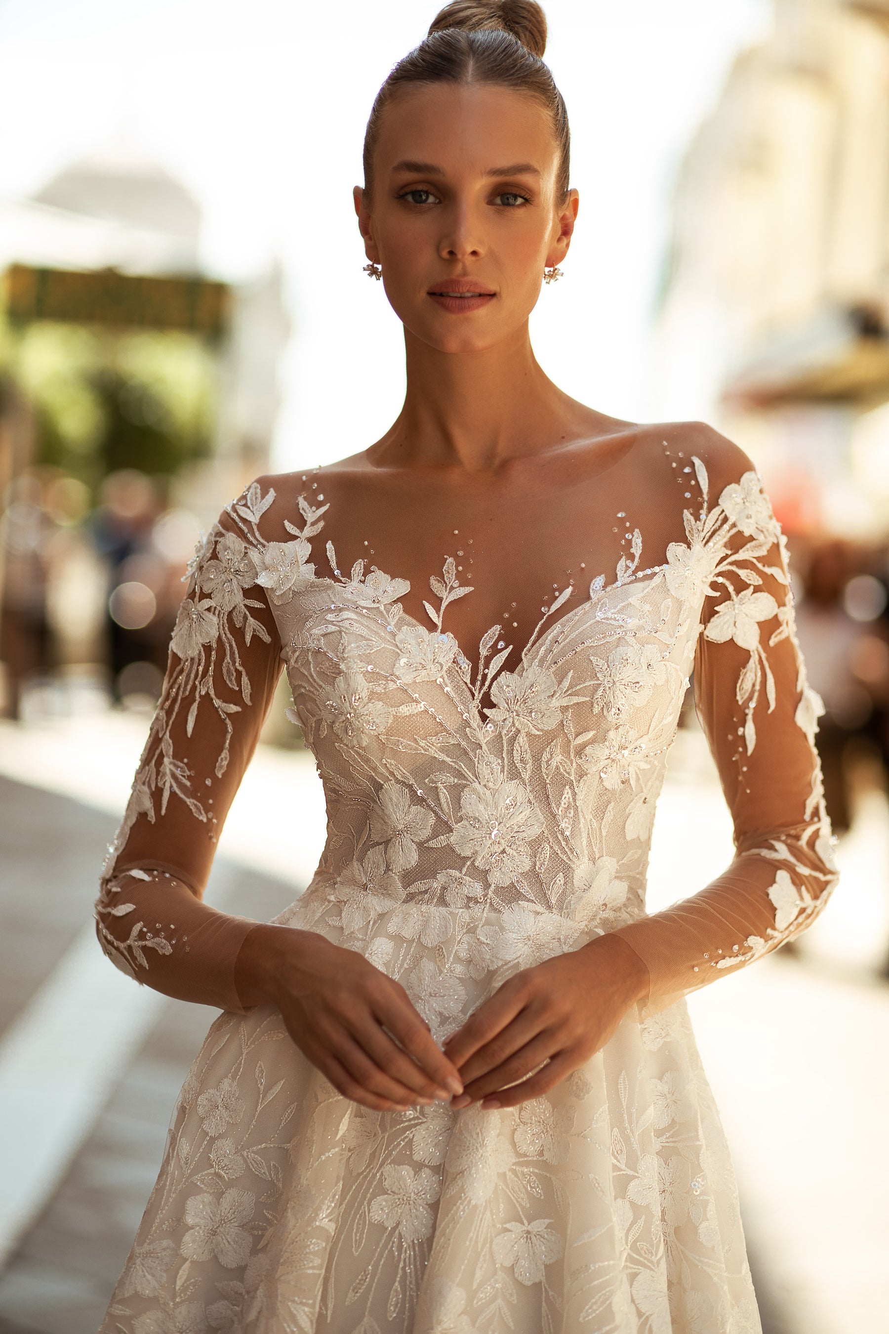 V-Neck A-Line Lace Bridal Dress with Long Lace Sleeves and Buttons Back