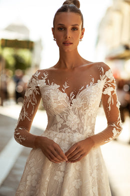 V-Neck A-Line Lace Bridal Dress with Long Lace Sleeves and Buttons Back