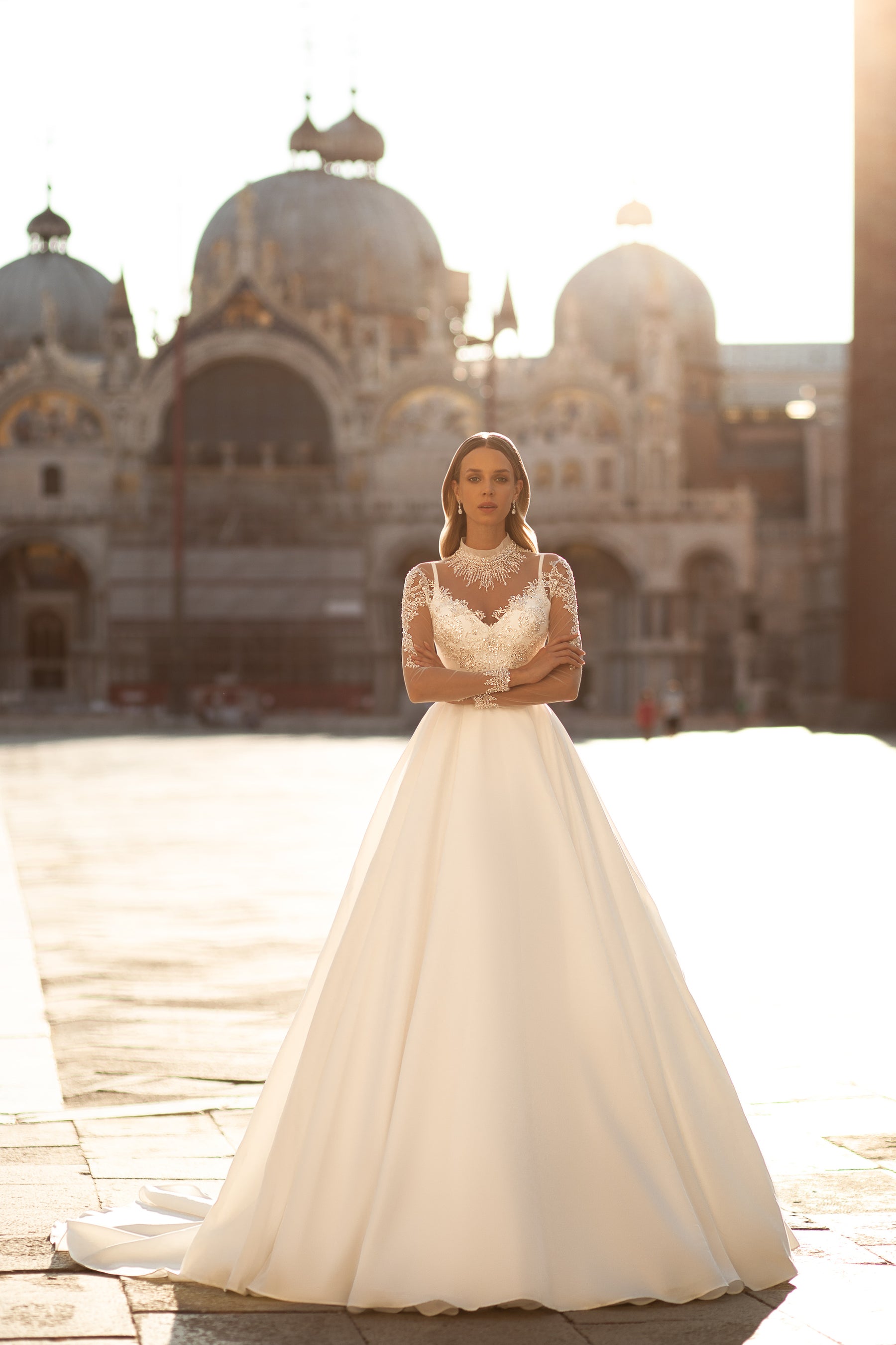 Elegant A-Line Bridal Gown with Straps, Detachable Decorated Cape and Court Train