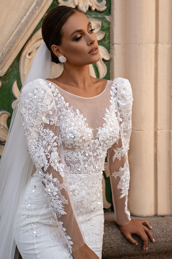 Luxurious "Mermaid" Silhouette Wedding Dress with Chantilly Lace, Guipure Embroidered with Pearls, Crystals & Sequins, Soft Velvet Lace & Puffy Sleeves