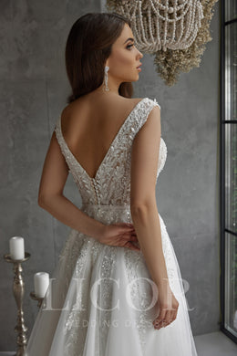 A-Line Wedding Dress With Beaded Lace Bodice, V-Neck, Sleeveless, Tulle Skirt, Lace Appliqués, Beading