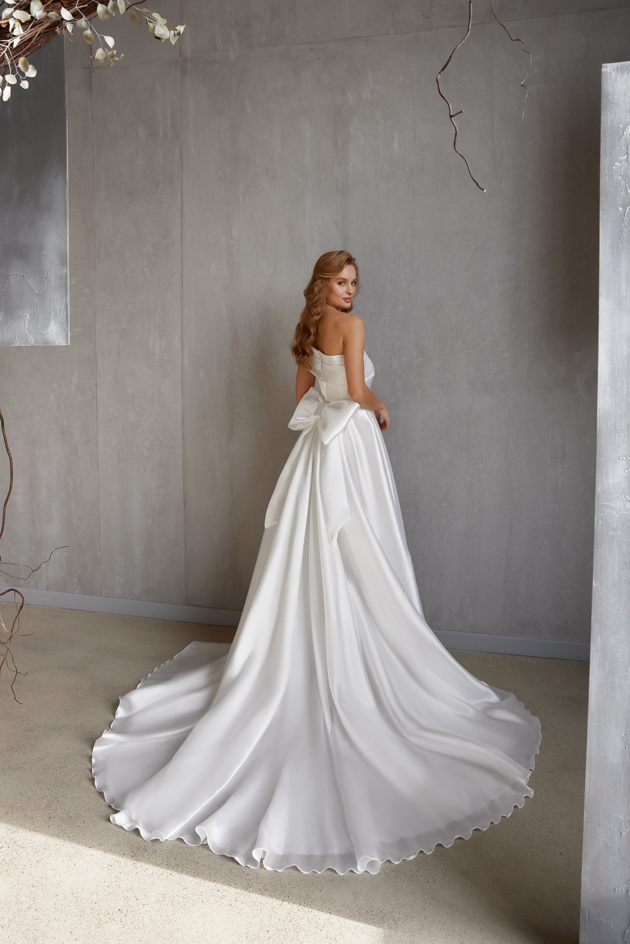 Satin A-Line Wedding Dress with Bow and Slit