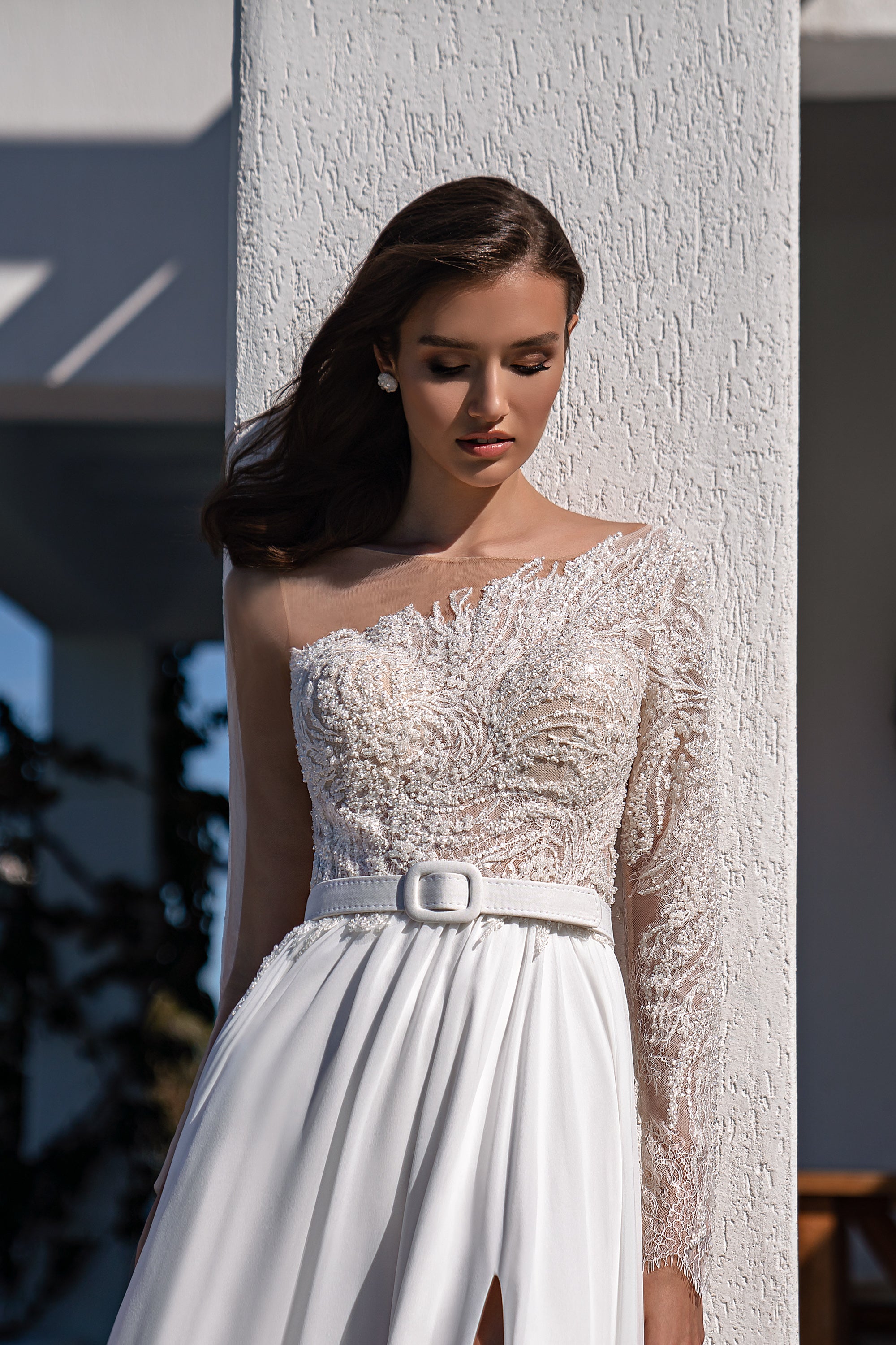 Asymmetric One-Shoulder Beaded Lace A-Line Wedding Dress with Slit