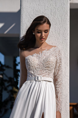 Asymmetric One-Shoulder Beaded Lace A-Line Wedding Dress with Slit