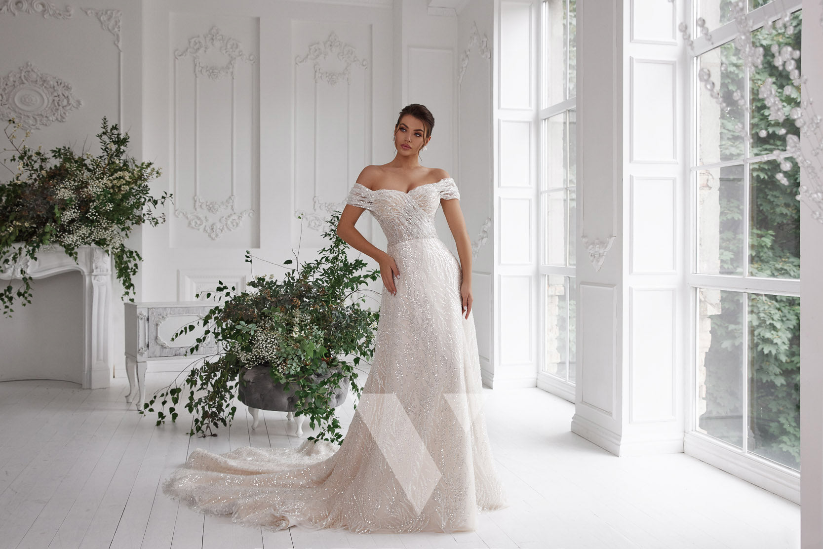 Sparkly A-Line Wedding Dress with Off-The-Shoulder Neckline