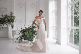 Sparkly A-Line Wedding Dress with Off-The-Shoulder Neckline