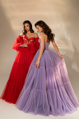 Women's Boho Evening Dress with Detachable Sleeves - Translucent Dotted Tulle Fabric
