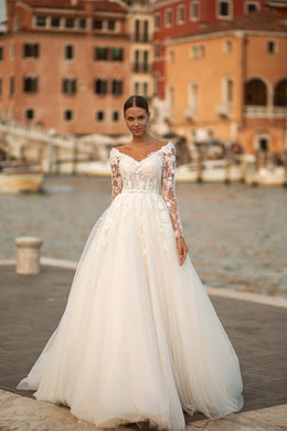Elegant A-Line Wedding Gown with Tulle Skirt, Small Bow at Waist, Long Sleeves with Lace, Buttons Back, and Court Train