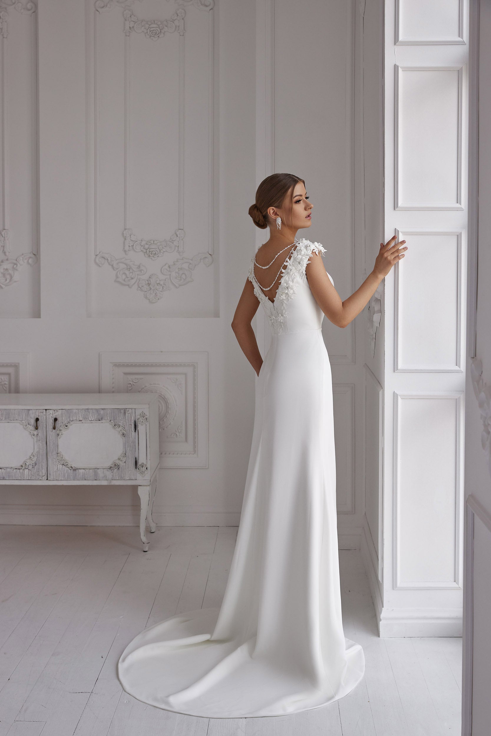 Crepe Sheath Wedding Dress with Pearl V-Back