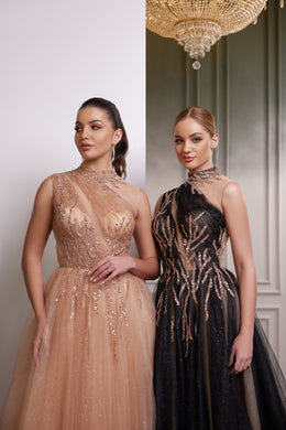 Embellished champagne and black evening dresses with sheer high necklines and sparkling patterned bodices